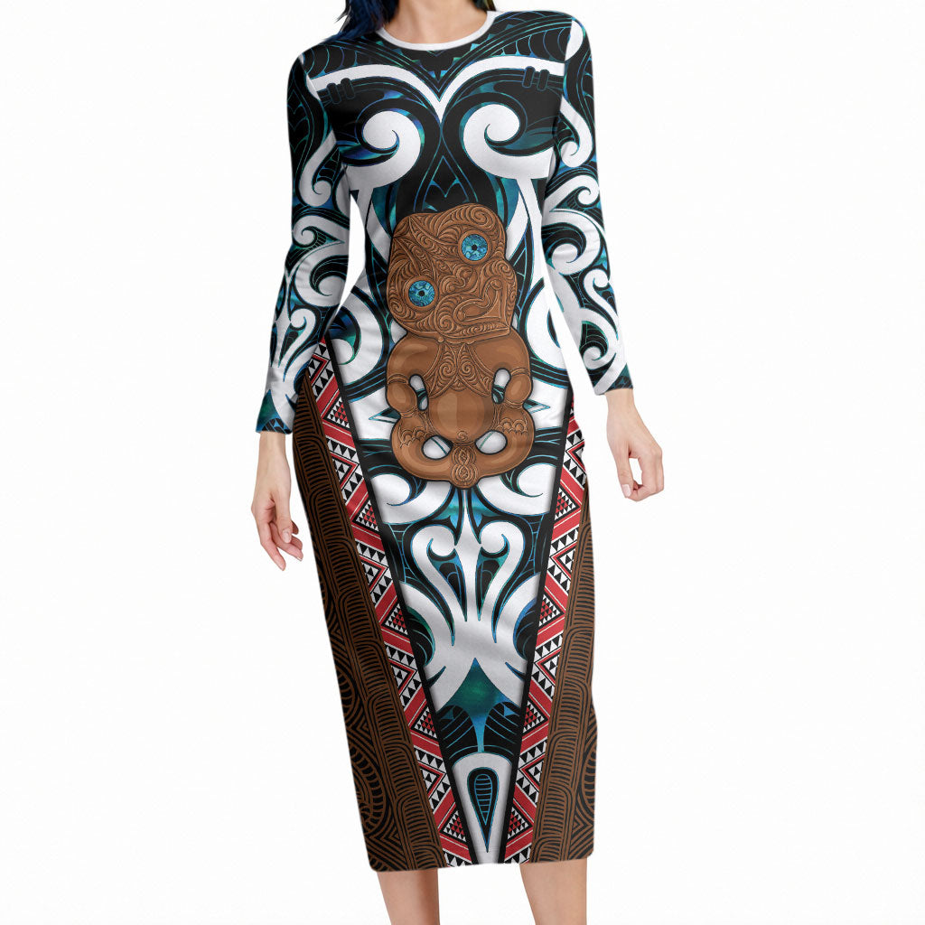 New Zealand Whakairo Long Sleeve Bodycon Dress Tiki Maori Carving Taniko Motifs