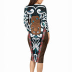 New Zealand Whakairo Long Sleeve Bodycon Dress Tiki Maori Carving Taniko Motifs