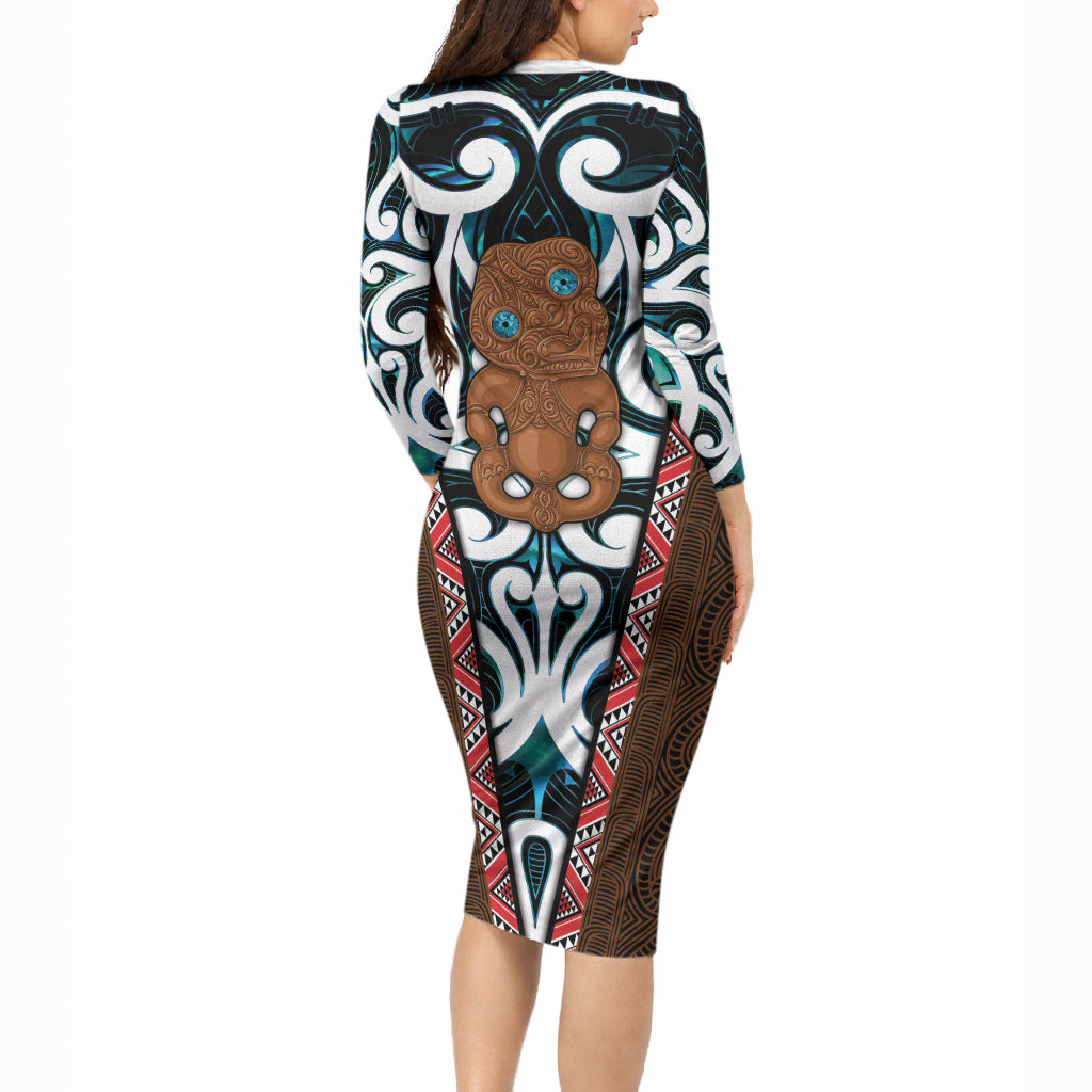 New Zealand Whakairo Long Sleeve Bodycon Dress Tiki Maori Carving Taniko Motifs
