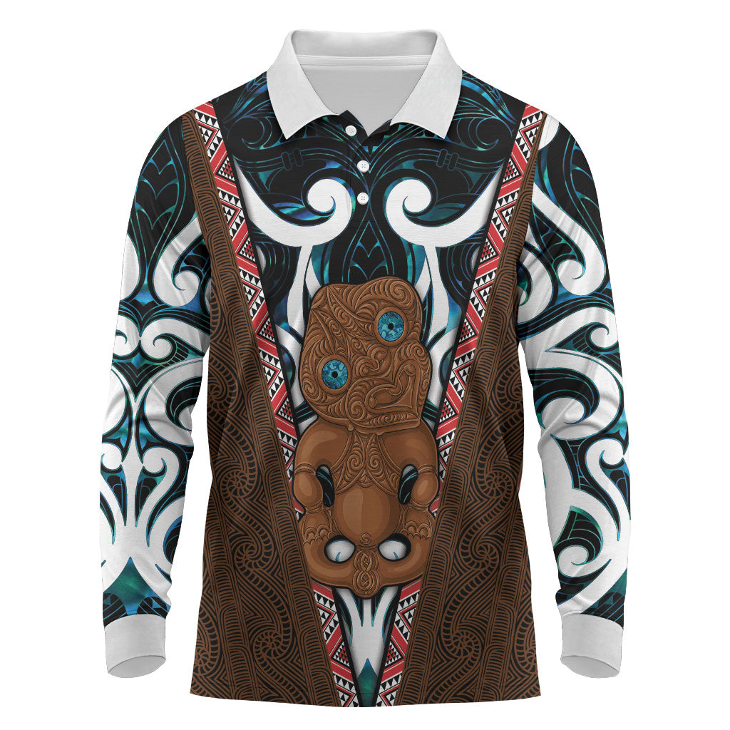 New Zealand Whakairo Long Sleeve Polo Shirt Tiki Maori Carving Taniko Motifs