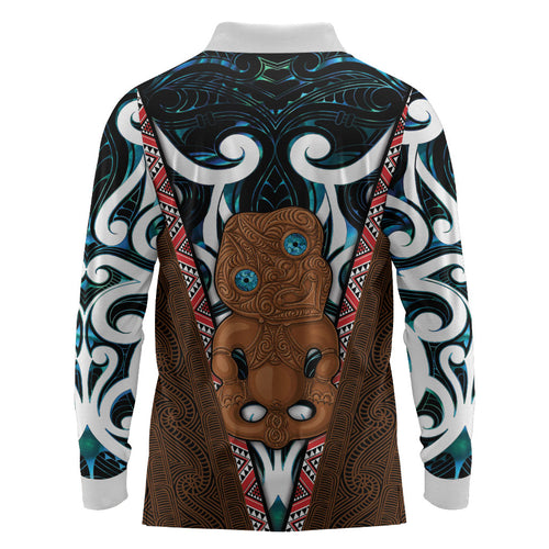 New Zealand Whakairo Long Sleeve Polo Shirt Tiki Maori Carving Taniko Motifs