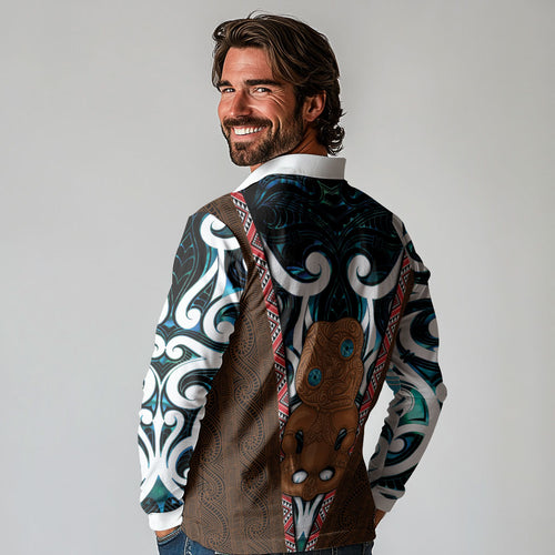 New Zealand Whakairo Long Sleeve Polo Shirt Tiki Maori Carving Taniko Motifs
