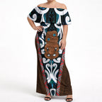 New Zealand Whakairo Off Shoulder Maxi Dress Tiki Maori Carving Taniko Motifs