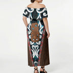New Zealand Whakairo Off Shoulder Maxi Dress Tiki Maori Carving Taniko Motifs
