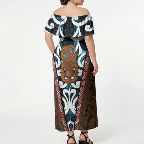 New Zealand Whakairo Off Shoulder Maxi Dress Tiki Maori Carving Taniko Motifs
