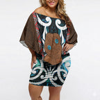New Zealand Whakairo Off Shoulder Short Dress Tiki Maori Carving Taniko Motifs