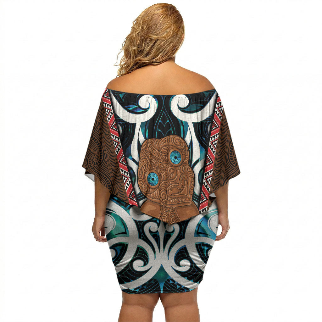 New Zealand Whakairo Off Shoulder Short Dress Tiki Maori Carving Taniko Motifs