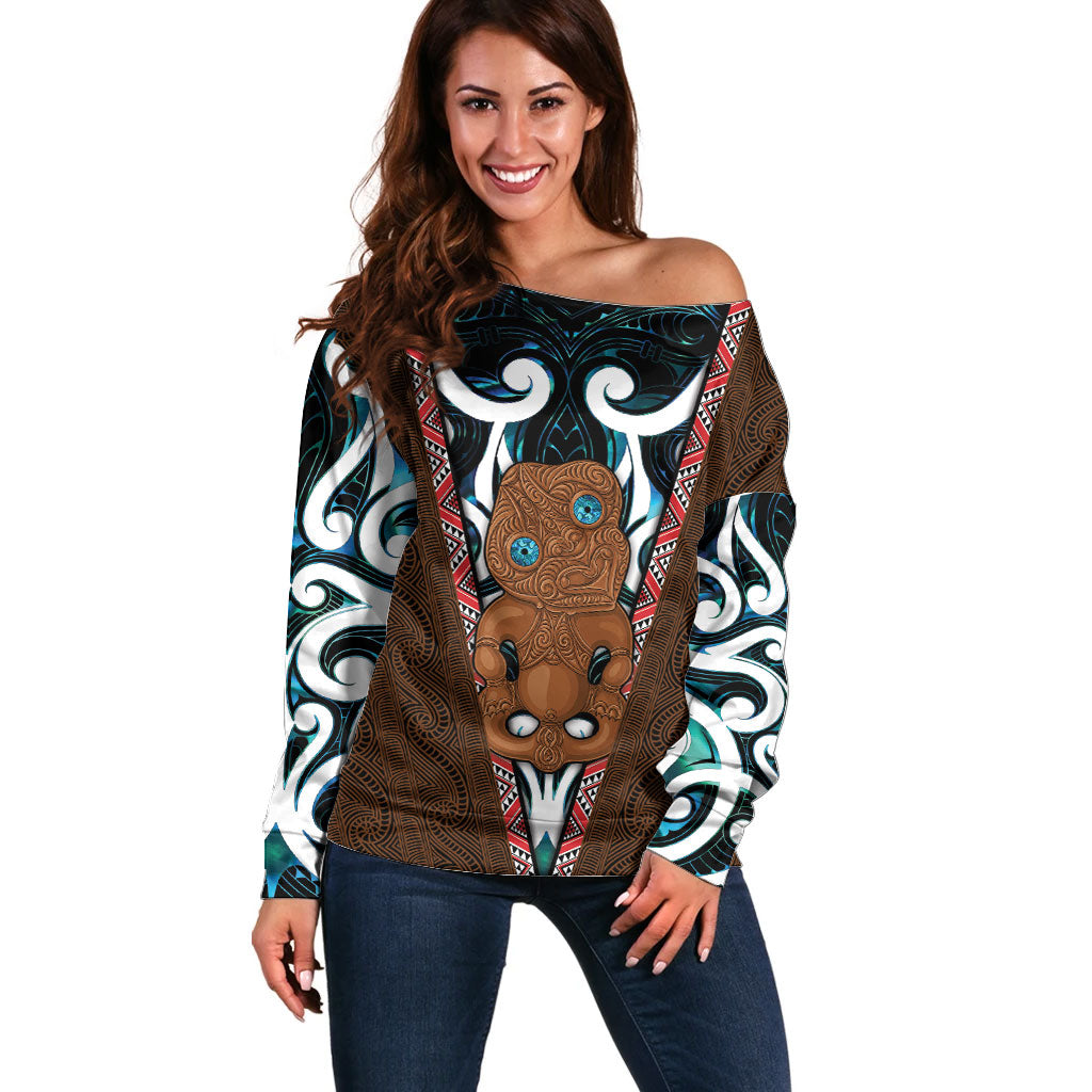New Zealand Whakairo Off Shoulder Sweater Tiki Maori Carving Taniko Motifs