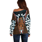 New Zealand Whakairo Off Shoulder Sweater Tiki Maori Carving Taniko Motifs