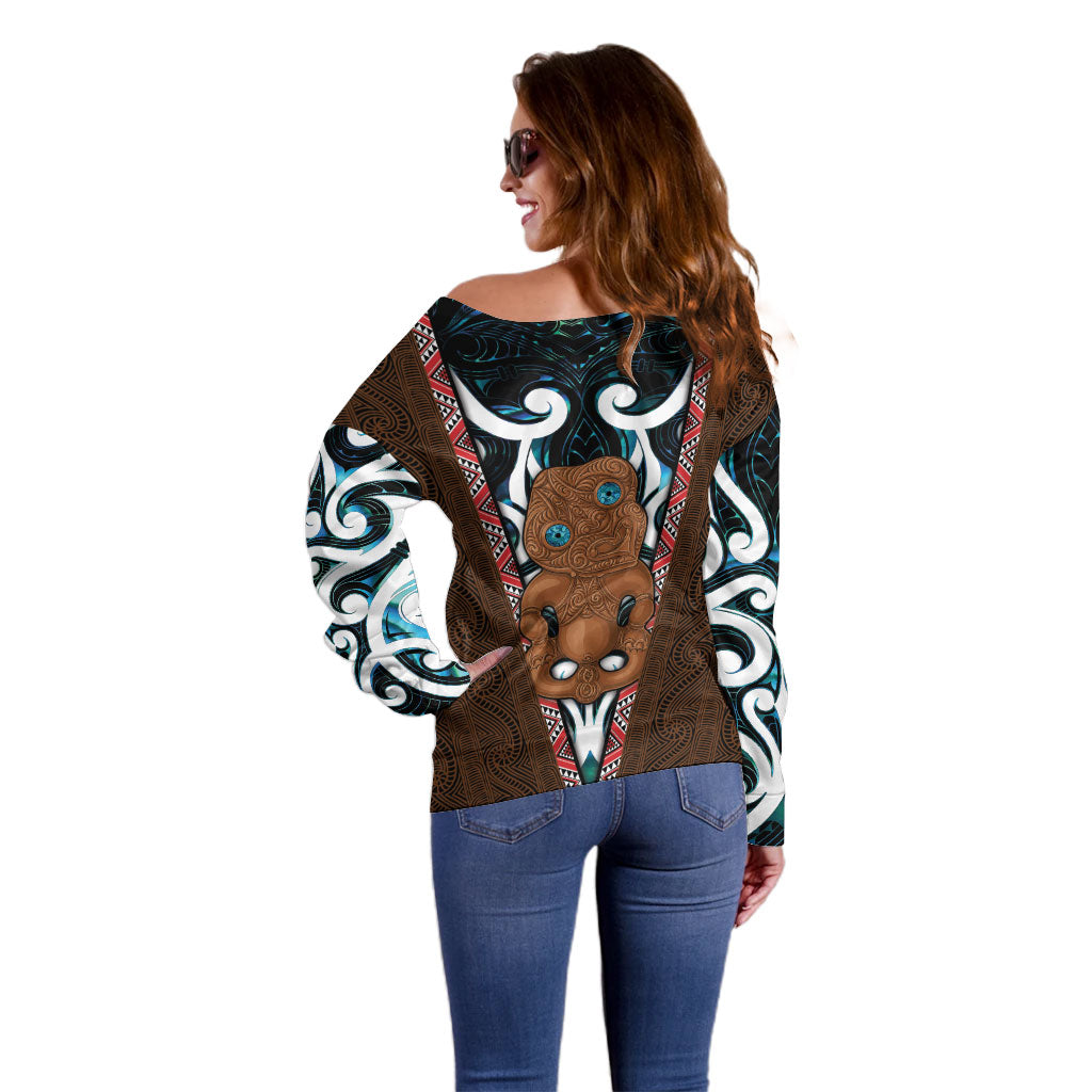 New Zealand Whakairo Off Shoulder Sweater Tiki Maori Carving Taniko Motifs