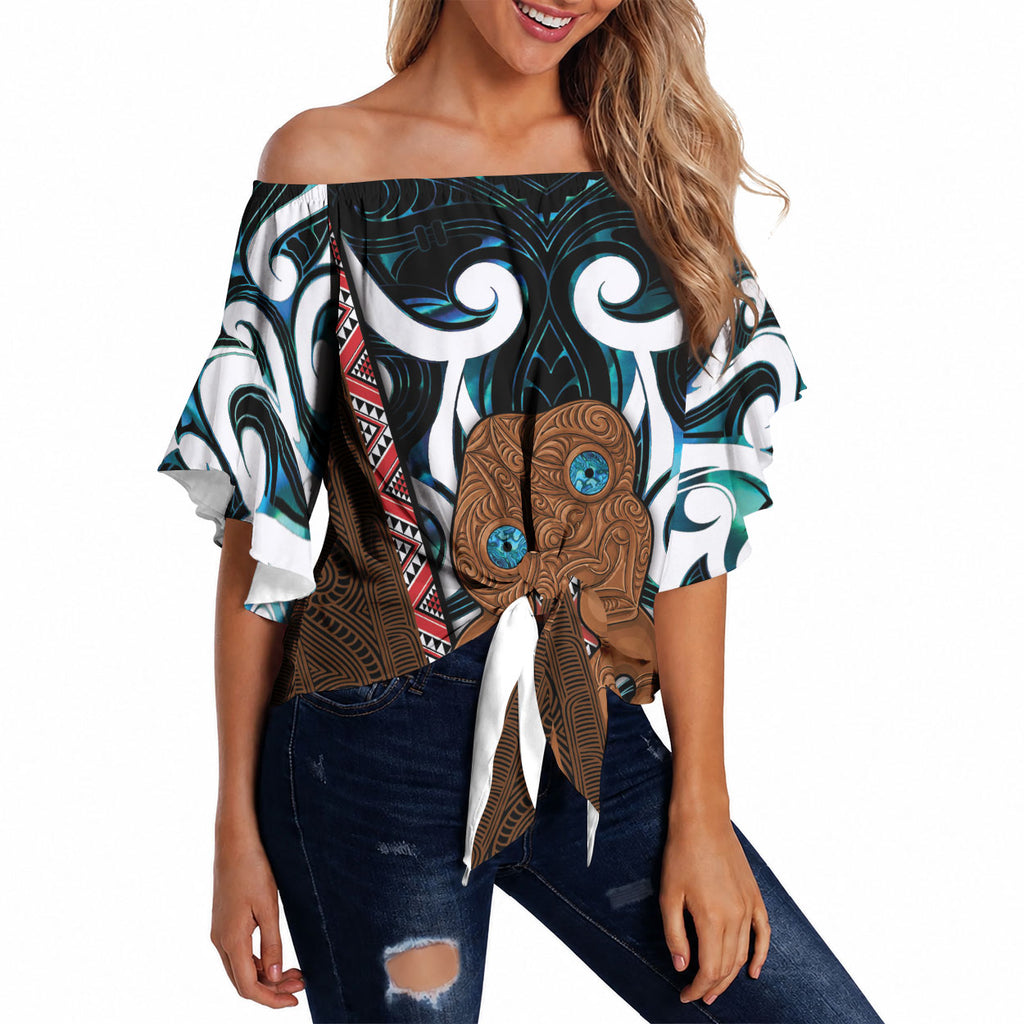 New Zealand Whakairo Off Shoulder Wrap Waist Top Tiki Maori Carving Taniko Motifs