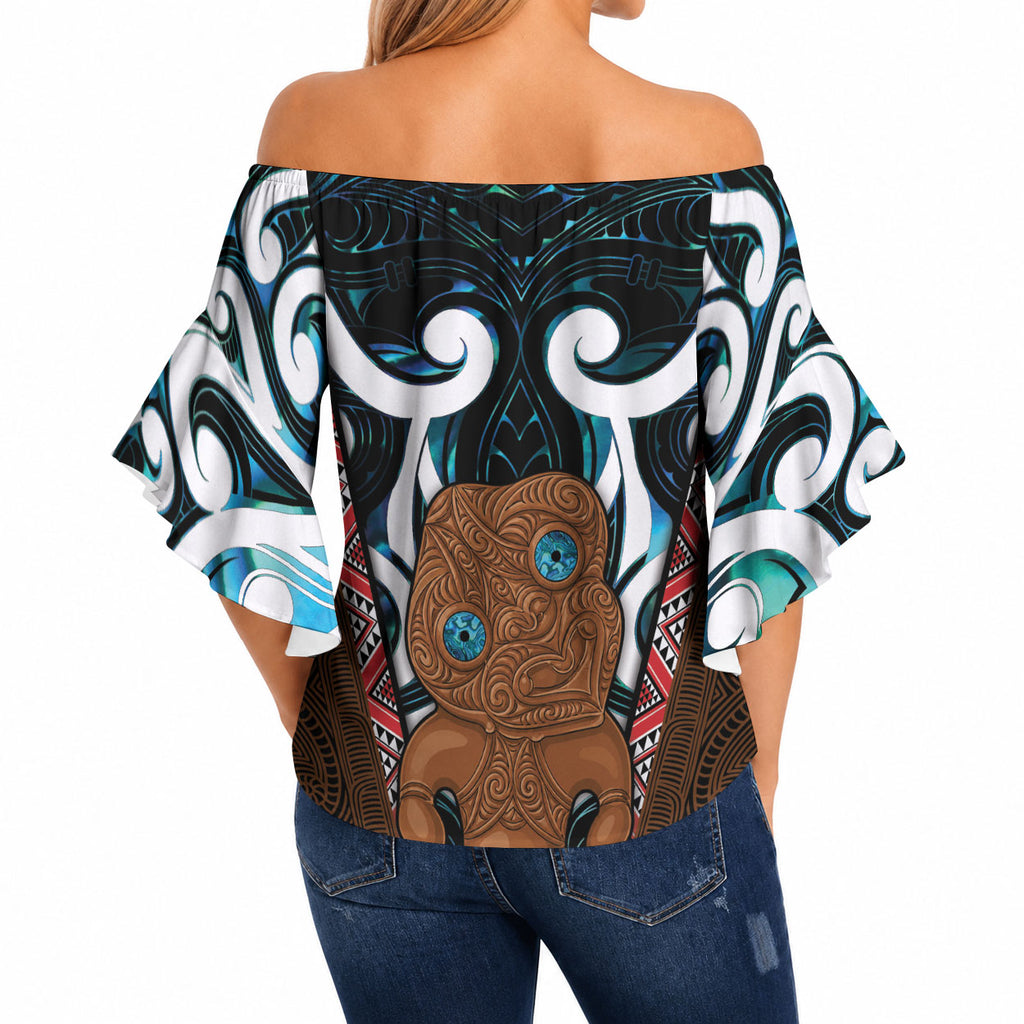 New Zealand Whakairo Off Shoulder Wrap Waist Top Tiki Maori Carving Taniko Motifs