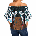 New Zealand Whakairo Off Shoulder Wrap Waist Top Tiki Maori Carving Taniko Motifs
