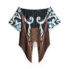 New Zealand Whakairo Off Shoulder Wrap Waist Top Tiki Maori Carving Taniko Motifs