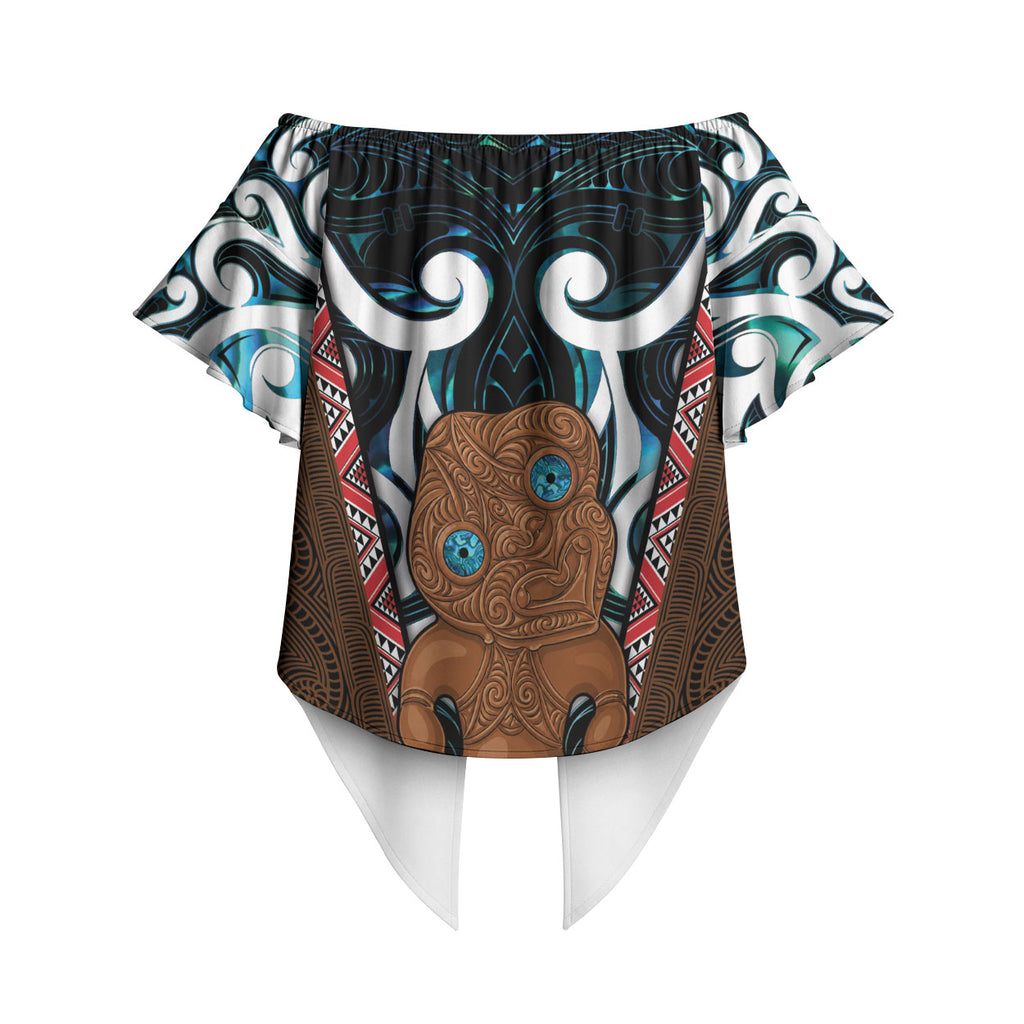 New Zealand Whakairo Off Shoulder Wrap Waist Top Tiki Maori Carving Taniko Motifs