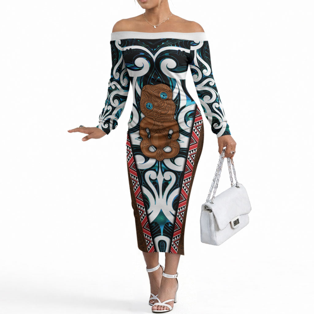 New Zealand Whakairo Off The Shoulder Long Sleeve Dress Tiki Maori Carving Taniko Motifs