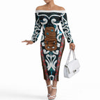 New Zealand Whakairo Off The Shoulder Long Sleeve Dress Tiki Maori Carving Taniko Motifs