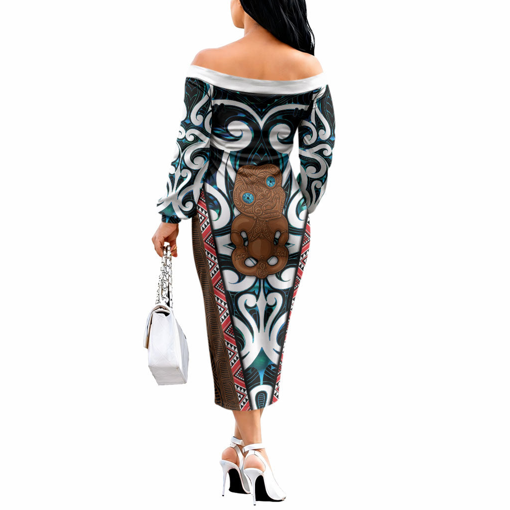 New Zealand Whakairo Off The Shoulder Long Sleeve Dress Tiki Maori Carving Taniko Motifs
