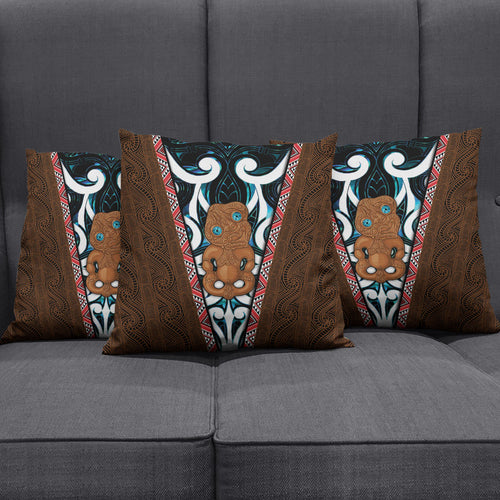 New Zealand Whakairo Pillow Cover Tiki Maori Carving Taniko Motifs