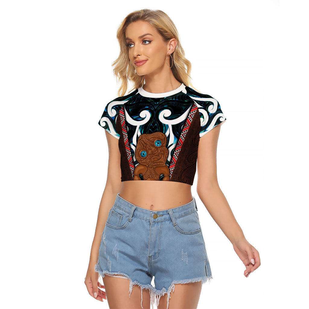 New Zealand Whakairo Raglan Cropped T Shirt Tiki Maori Carving Taniko Motifs