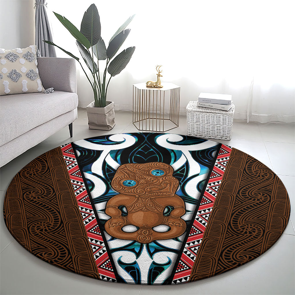 New Zealand Whakairo Round Carpet Tiki Maori Carving Taniko Motifs