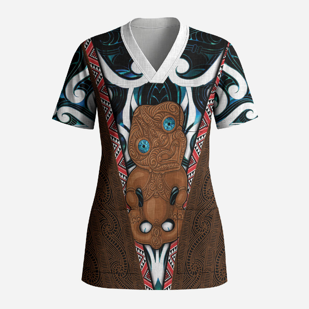 New Zealand Whakairo Scrub Top Tiki Maori Carving Taniko Motifs