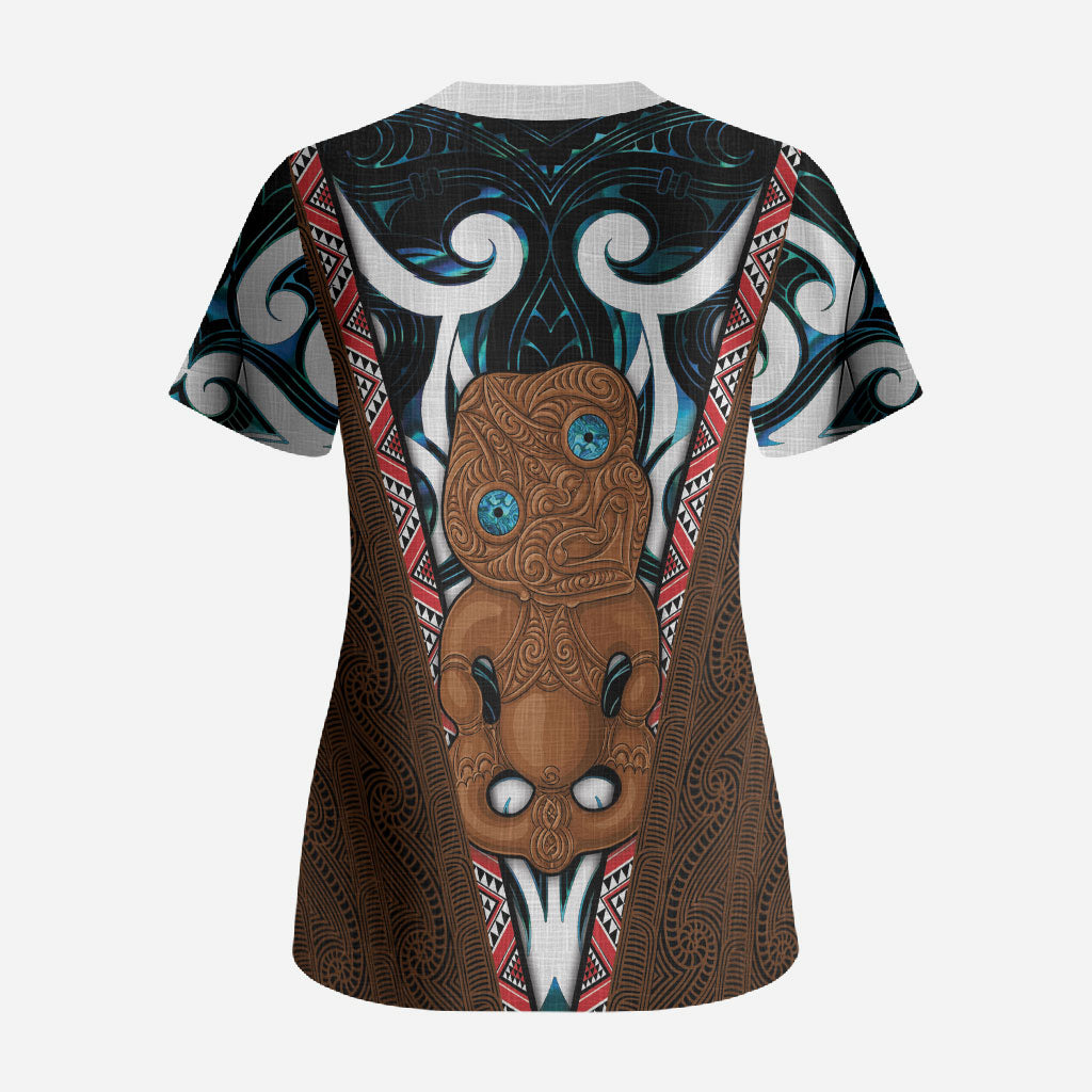 New Zealand Whakairo Scrub Top Tiki Maori Carving Taniko Motifs