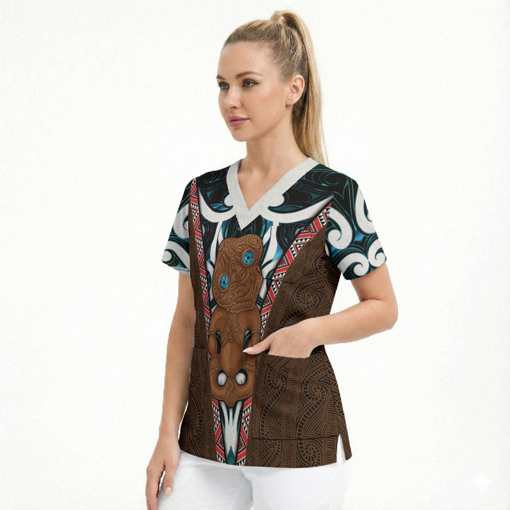 New Zealand Whakairo Scrub Top Tiki Maori Carving Taniko Motifs