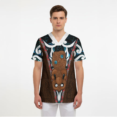 New Zealand Whakairo Scrub Top Tiki Maori Carving Taniko Motifs