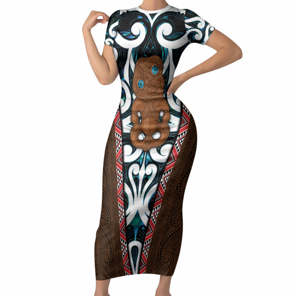 New Zealand Whakairo Short Sleeve Bodycon Dress Tiki Maori Carving Taniko Motifs