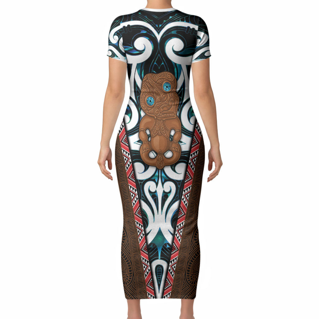 New Zealand Whakairo Short Sleeve Bodycon Dress Tiki Maori Carving Taniko Motifs