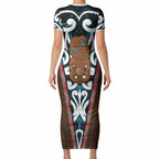 New Zealand Whakairo Short Sleeve Bodycon Dress Tiki Maori Carving Taniko Motifs