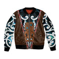 New Zealand Whakairo Sleeve Zip Bomber Jacket Tiki Maori Carving Taniko Motifs