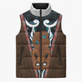 New Zealand Whakairo Sleeveless Puffer Jacket Tiki Maori Carving Taniko Motifs