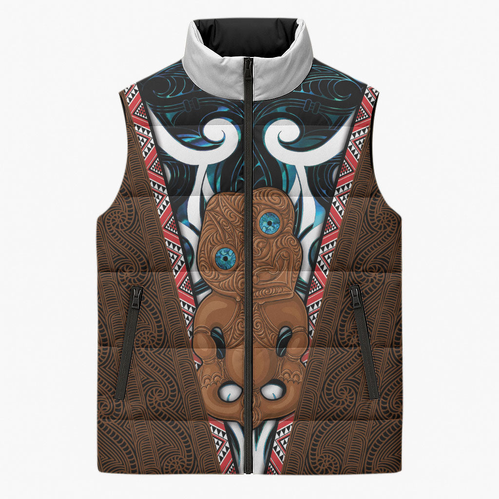 New Zealand Whakairo Sleeveless Puffer Jacket Tiki Maori Carving Taniko Motifs
