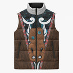 New Zealand Whakairo Sleeveless Puffer Jacket Tiki Maori Carving Taniko Motifs