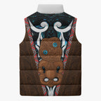 New Zealand Whakairo Sleeveless Puffer Jacket Tiki Maori Carving Taniko Motifs