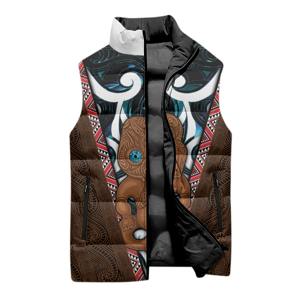 New Zealand Whakairo Sleeveless Puffer Jacket Tiki Maori Carving Taniko Motifs