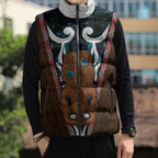 New Zealand Whakairo Sleeveless Puffer Jacket Tiki Maori Carving Taniko Motifs