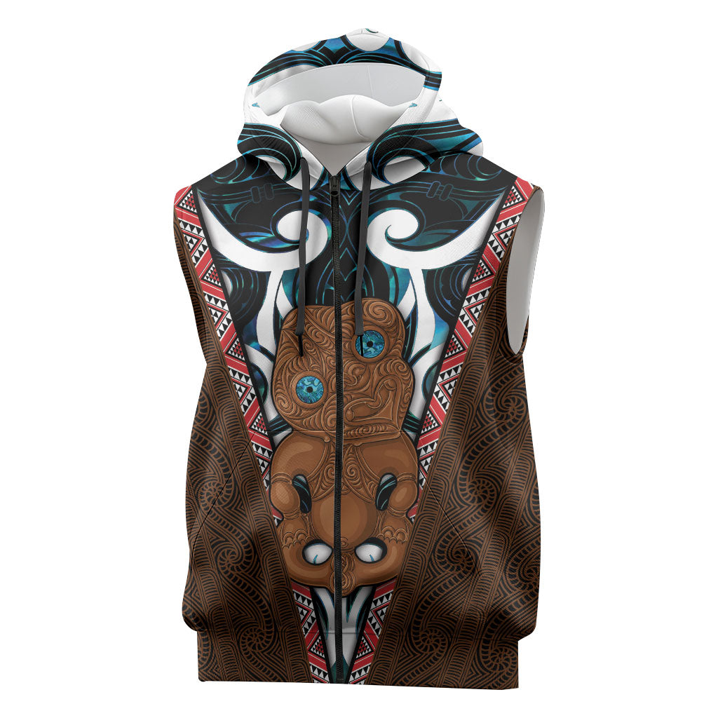 New Zealand Whakairo Sleeveless Zip Hoodie Tiki Maori Carving Taniko Motifs