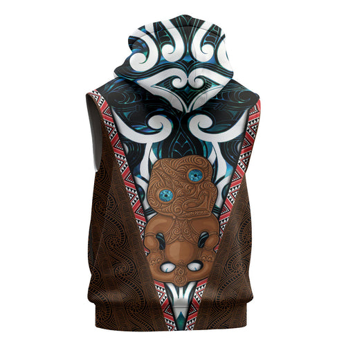 New Zealand Whakairo Sleeveless Zip Hoodie Tiki Maori Carving Taniko Motifs