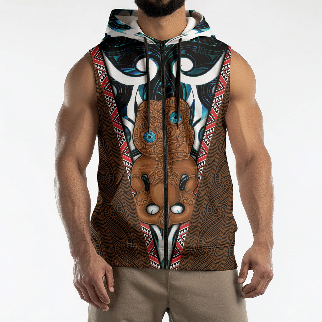 New Zealand Whakairo Sleeveless Zip Hoodie Tiki Maori Carving Taniko Motifs