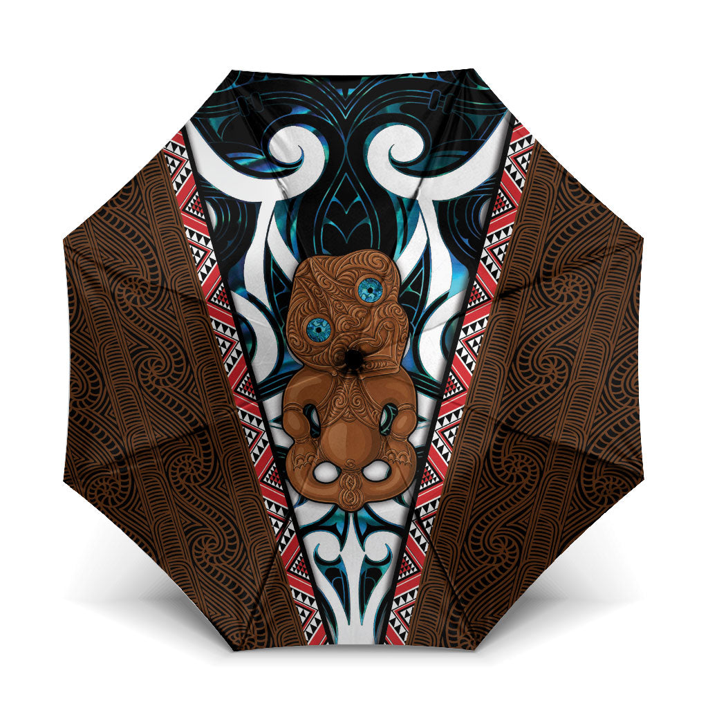 New Zealand Whakairo Umbrella Tiki Maori Carving Taniko Motifs