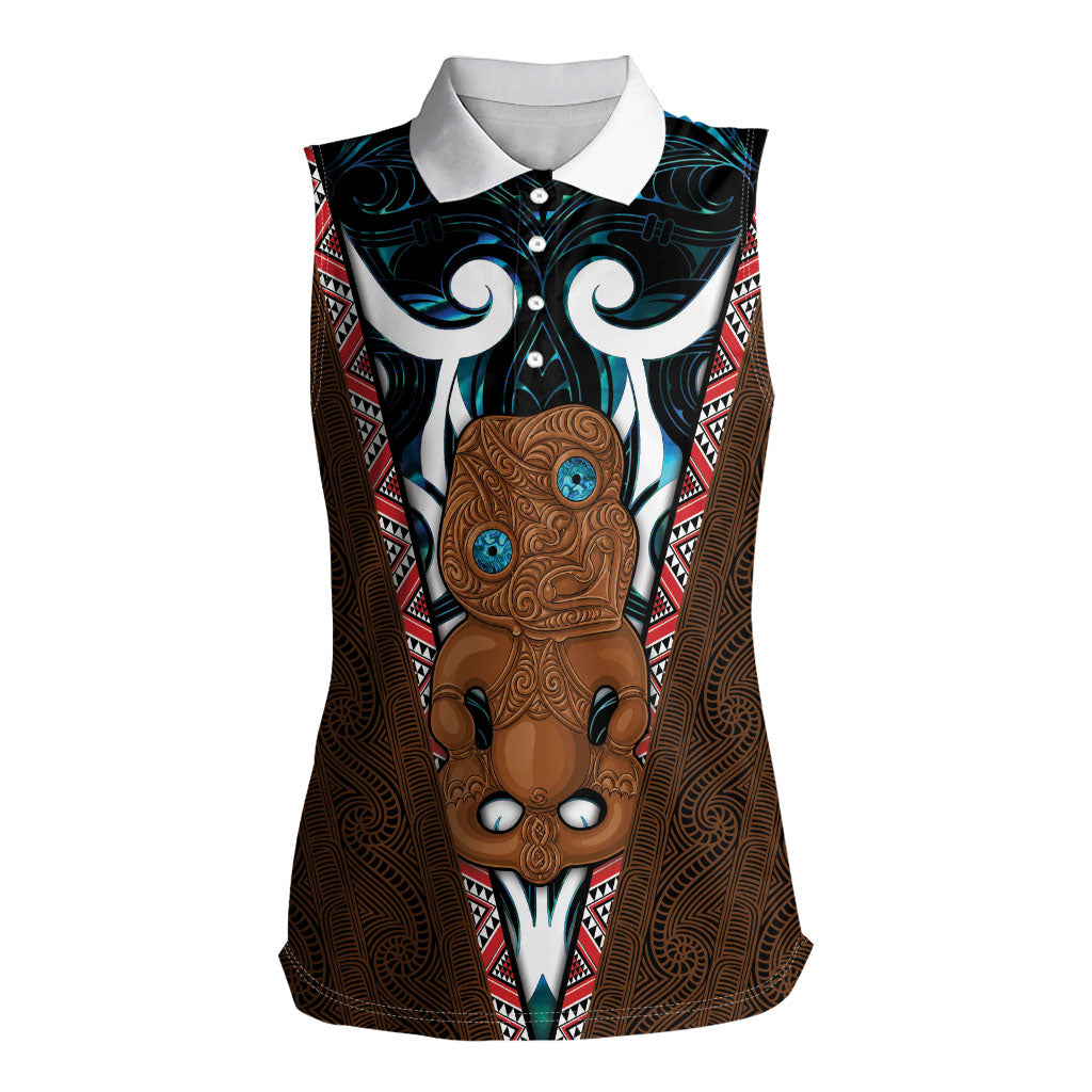 New Zealand Whakairo Women Sleeveless Polo Shirt Tiki Maori Carving Taniko Motifs