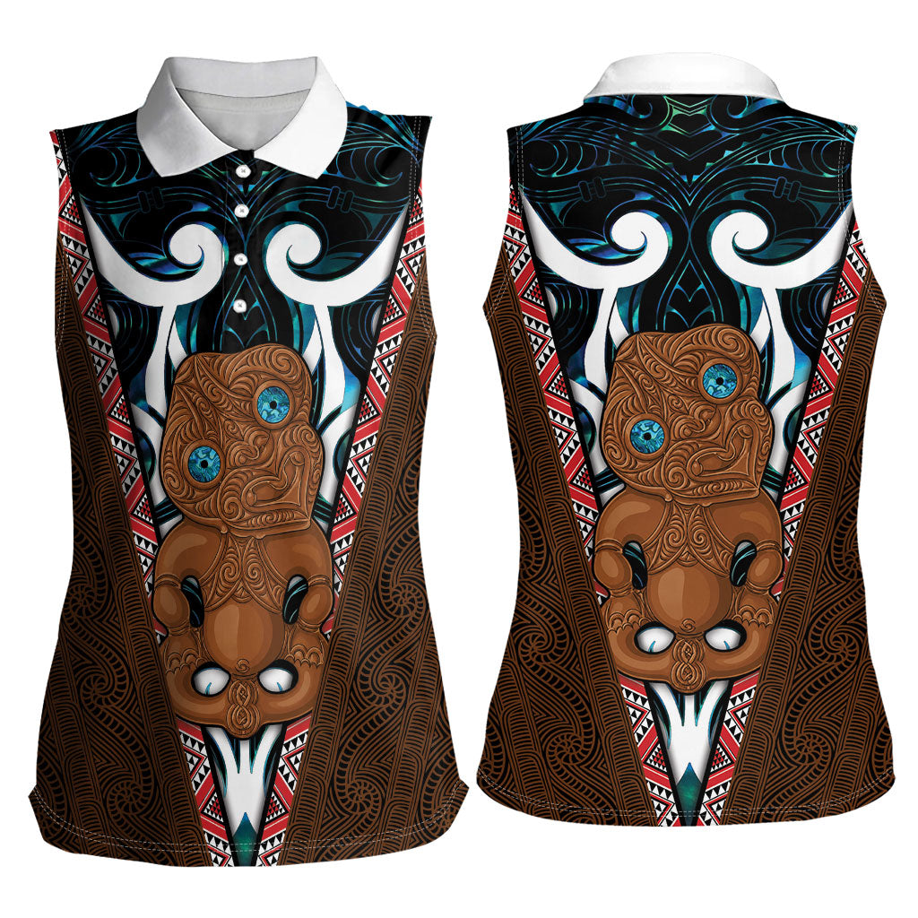 New Zealand Whakairo Women Sleeveless Polo Shirt Tiki Maori Carving Taniko Motifs