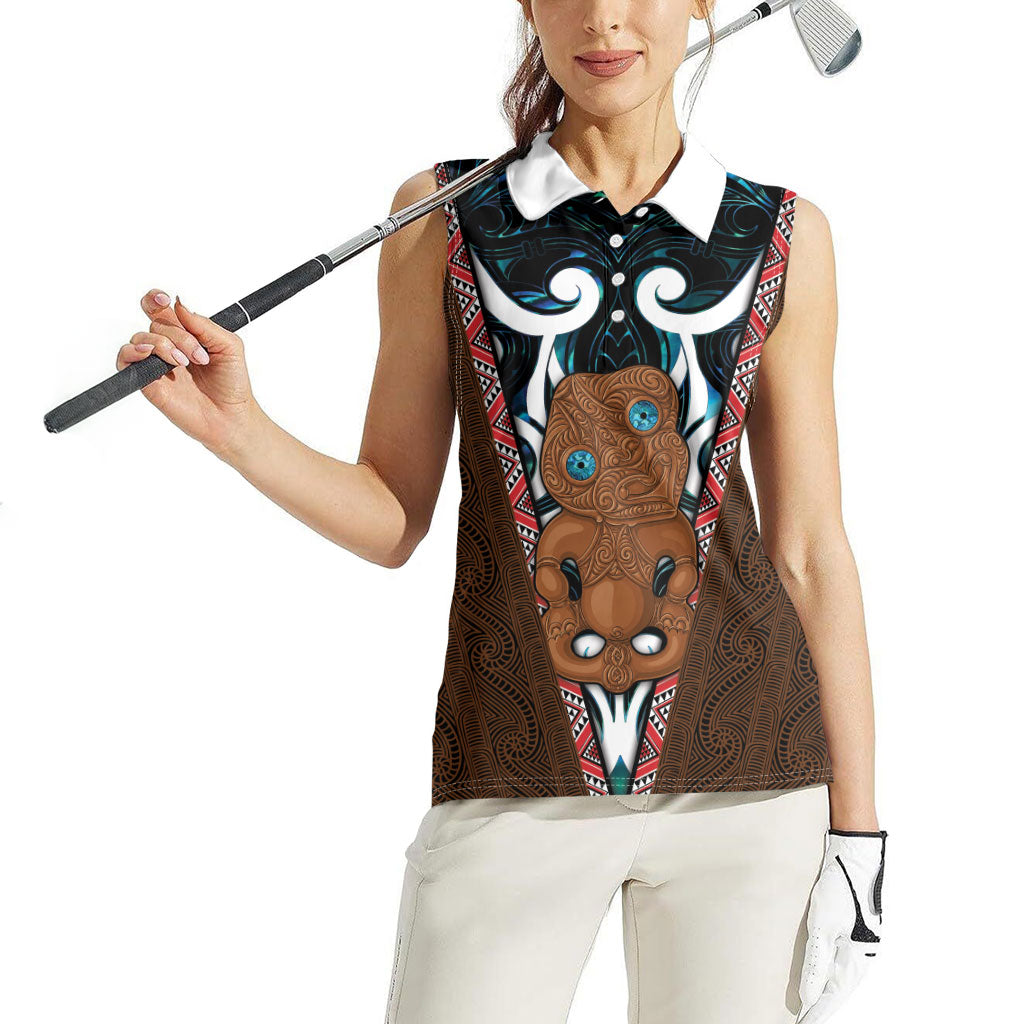 New Zealand Whakairo Women Sleeveless Polo Shirt Tiki Maori Carving Taniko Motifs