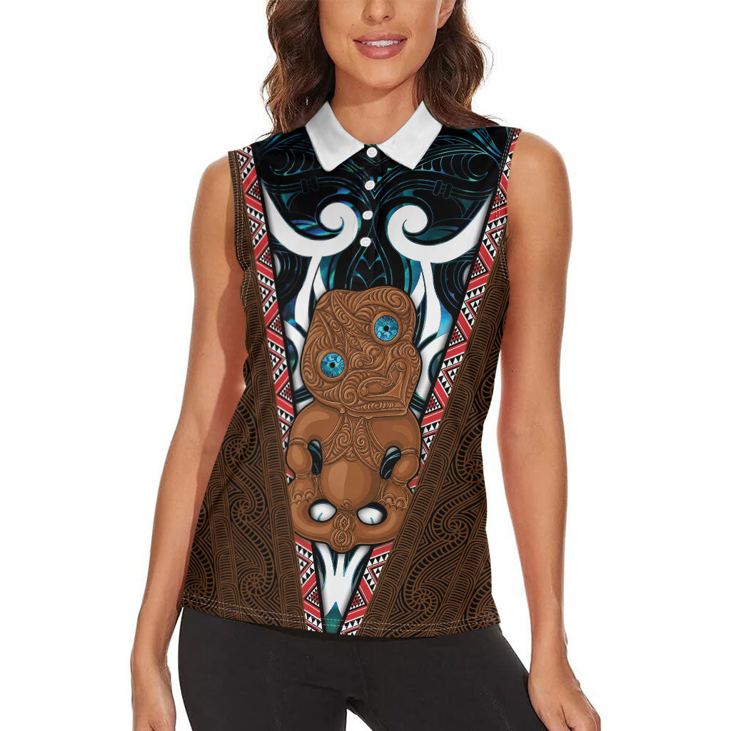 New Zealand Whakairo Women Sleeveless Polo Shirt Tiki Maori Carving Taniko Motifs