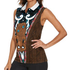 New Zealand Whakairo Women Sleeveless Polo Shirt Tiki Maori Carving Taniko Motifs