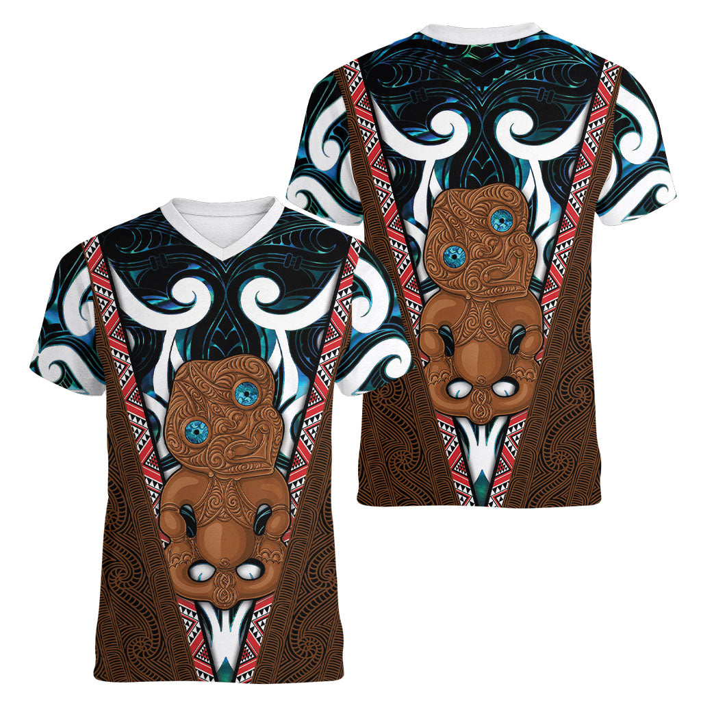 New Zealand Whakairo Women V-Neck T-Shirt Tiki Maori Carving Taniko Motifs