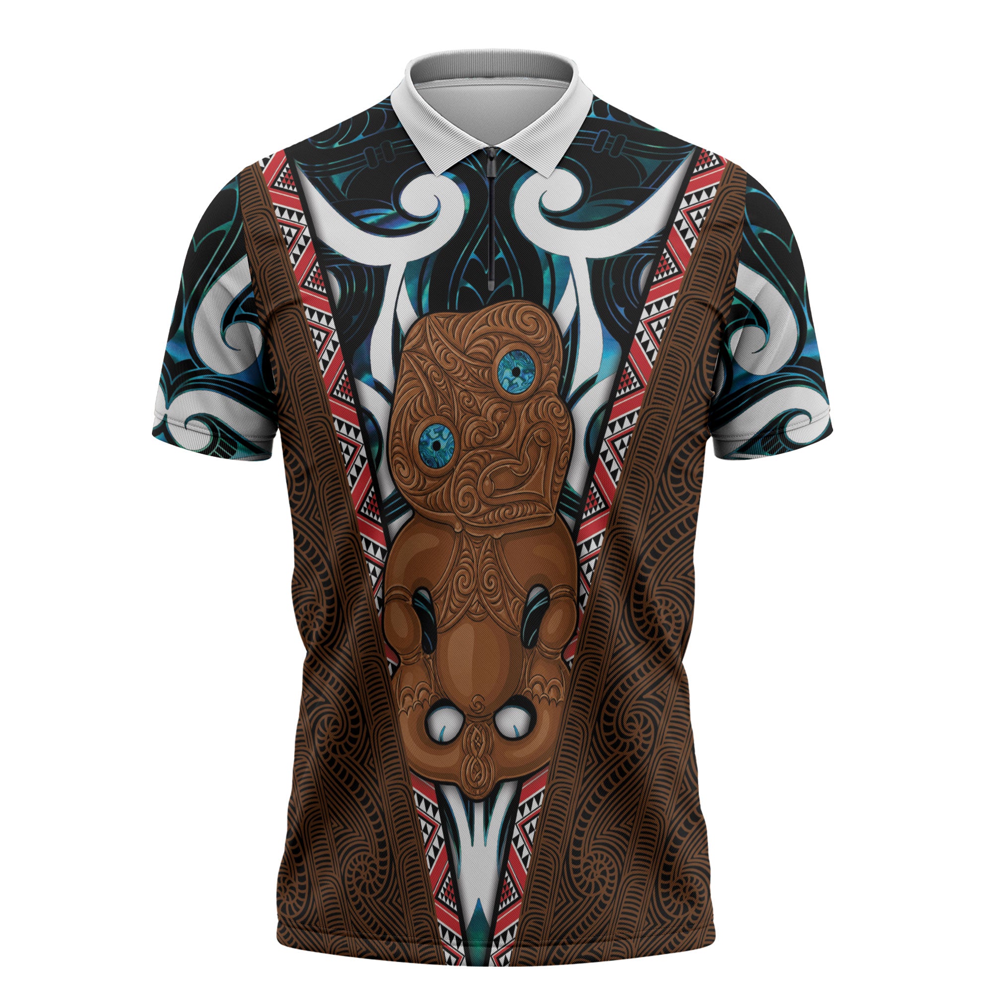 New Zealand Whakairo Zipper Polo Shirt Tiki Maori Carving Taniko Motifs